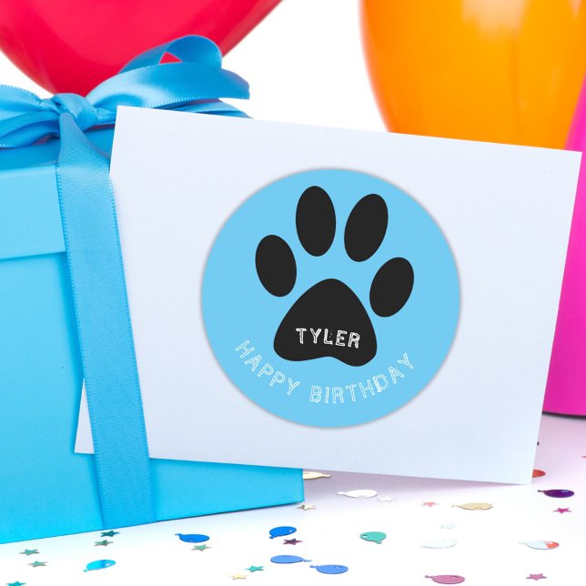 Paw Print Blue Happy Birthday Name Classic Round Sticker (Creator Uploaded)