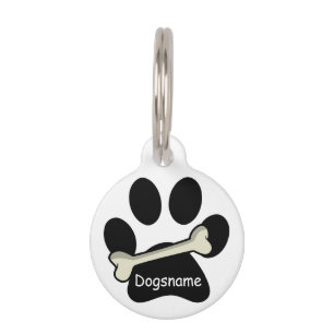Paw Print Bone Dog ID Name Phone Number on White Pet Tag
