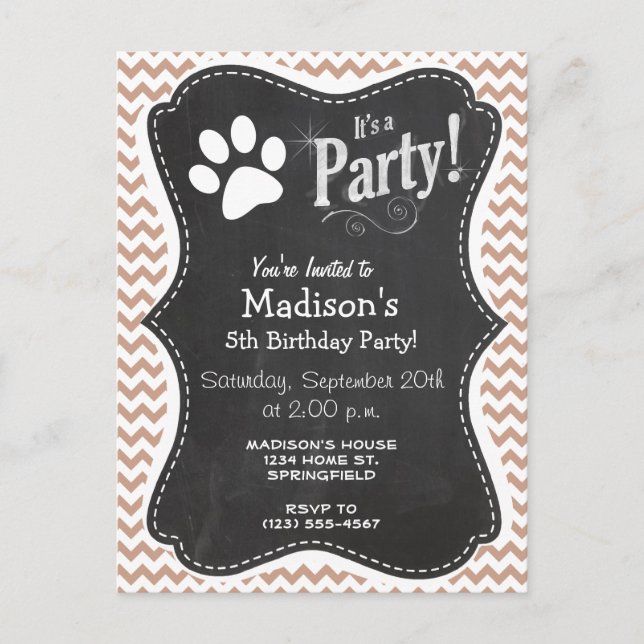 Paw Print; Brown Chevron Invitation Postcard (Front)