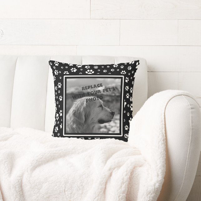 Paw Print Custom Pet Photo Pillow Black and White (Personalized photo of your pet pillow.)