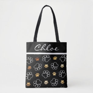 Paw Print Dog Cat Black Customise Name Tote Bag