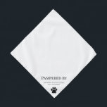 Paw Print Dog Groomer Business Promotional Pet Bandana<br><div class="desc">Simple, modern and minimal dog groomer promotional pet bandanna featuring a paw print along with "Pampered by" and your company name in a modern font. Perfect for pet grooming professionals for your furry clients to wear after their groom to promote your business. White background with black text which can be...</div>
