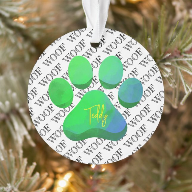 Paw Print DOG NAME Woof Pattern Modern Pet Fun Ornament (Tree)