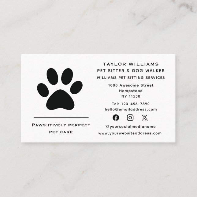 Paw Print Dog Walker Cat Pet Sitter Social Media Business Card (Front)