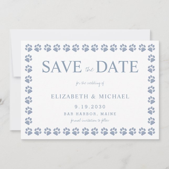 Paw Print Dusty Blue Glitter Wedding Save The Date Invitation (Front)