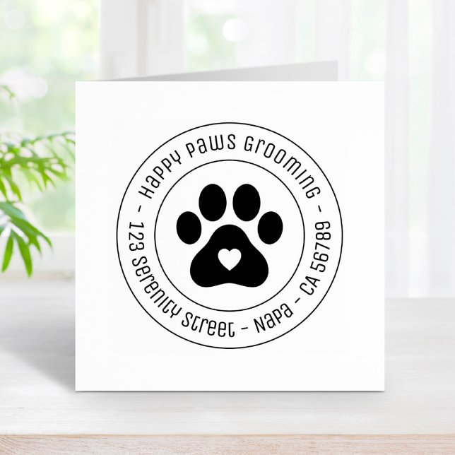 Paw Print Grooming Business Heart Round Address Rubber Stamp (Creator Uploaded)