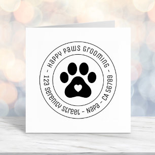 Paw Print Grooming Business Heart Round Address Self-inking Stamp