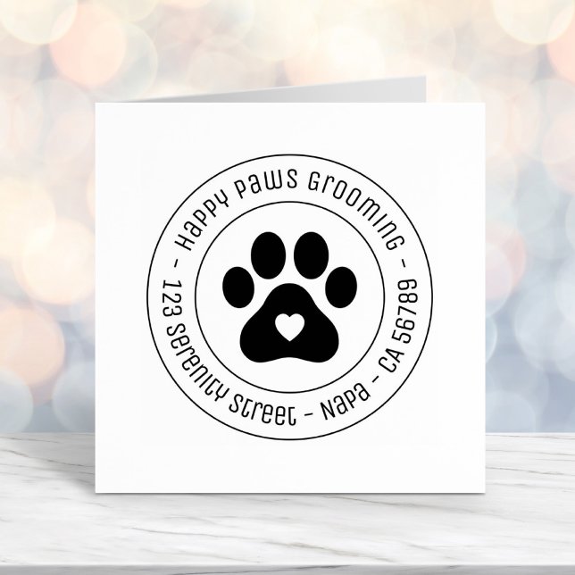 Paw Print Grooming Business Heart Round Address Self-inking Stamp (Creator Uploaded)