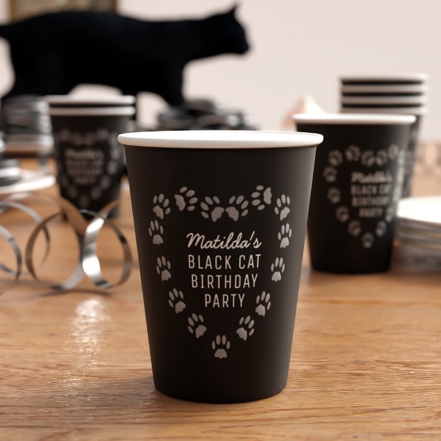 Paw Print Heart Black Birthday Party Paper Cups (Purrfect paper cup for your black cat's purrday party (or your own). Just add your party details)