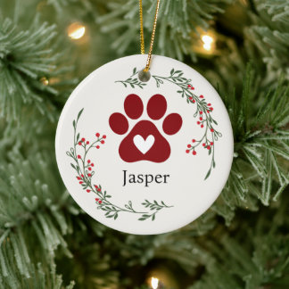 Paw Print Holly and Berry Christmas Ornament
