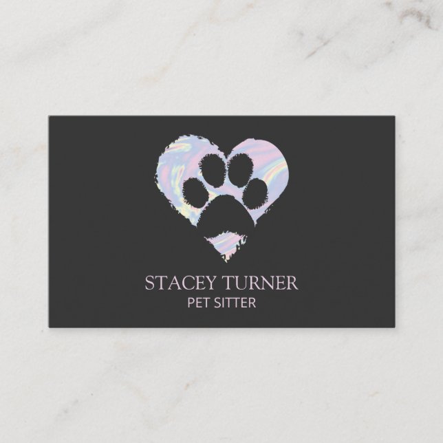 Paw Print Holographic Heart Pet Sitter Dog Walker Business Card (Front)