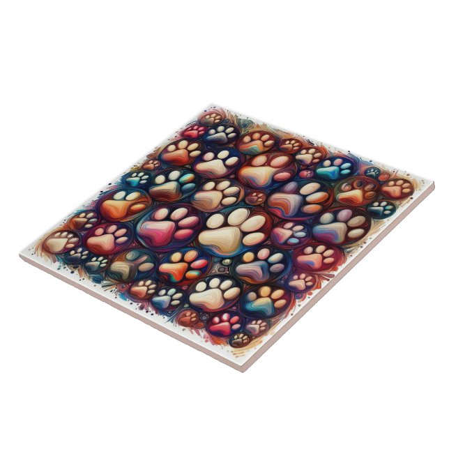 Paw print imprinted different coloured canine dog ceramic tile (Side)