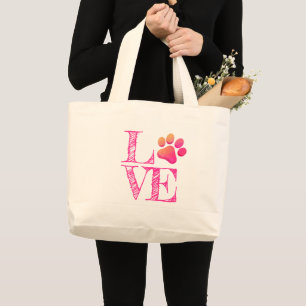 Paw Print LOVE Pink Orange Family Pet Fun Large Tote Bag