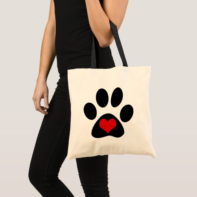 Paw Print Love Red Heart Tote Bag (Front (Product))