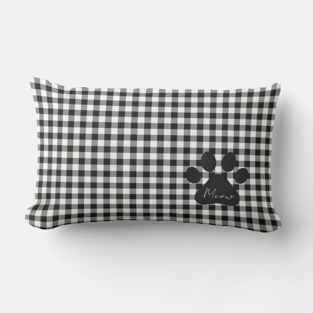 Paw Print MEOW Gingham Classic Black White Cats Lumbar Cushion (Front)