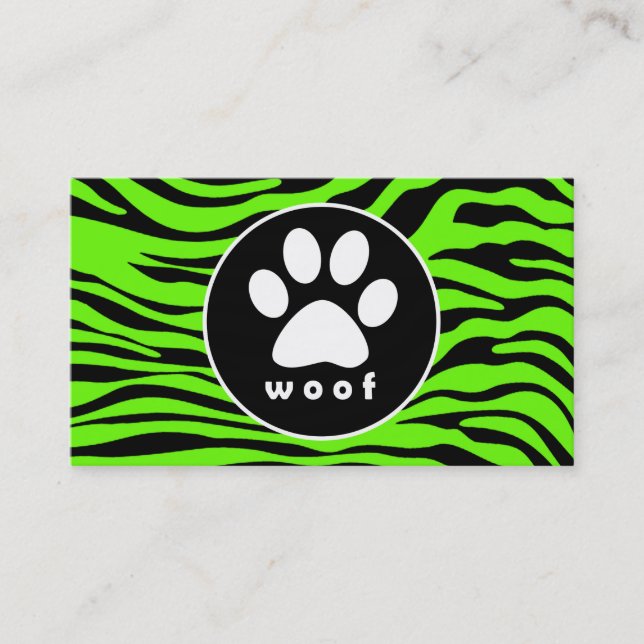 Paw Print on Bright Neon Green Zebra Stripes Business Card (Front)