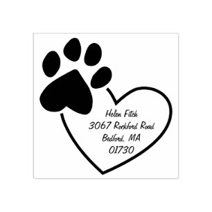 Paw Print On Heart Return Address Rubber Stamp
