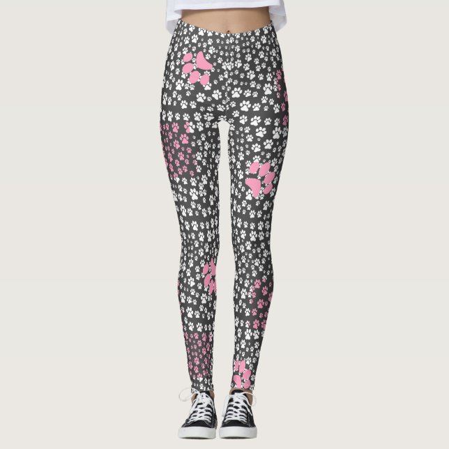 Paw print pattern 01.b DGrey BG Leggings (Front)