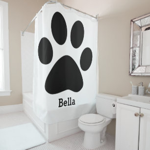 Paw Print Pattern Black White Monogram Name Custom Shower Curtain