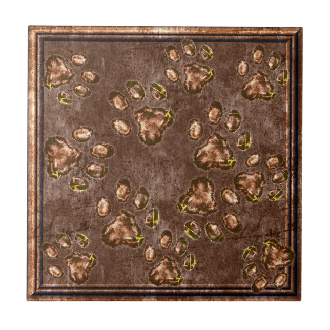 Paw Print Pattern Bronze Brown Framed Ceramic Tile (Front)