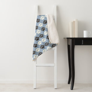 Paw Print Pattern Silver Blue Sherpa Blanket