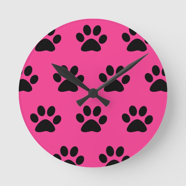 Paw Print Patterns Black Pink Cute Stylish 2021 Round Clock (Front)