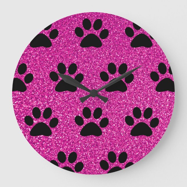 Paw Print Patterns Black Pink Glitter Cute Girly Large Clock (Front)