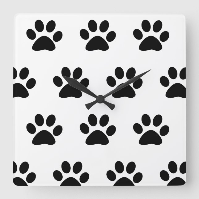 Paw Print Patterns Black White Cute Stylish Cool Square Wall Clock (Front)