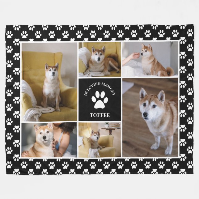 Paw Print Pet In Loving Memory Black Photo Collage Fleece Blanket (Front (Horizontal))