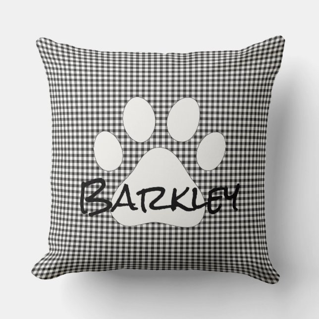 Paw Print Pet Name Gingham Dog Cat Family Pet Cushion (Front)
