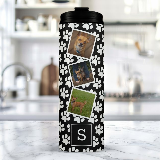 Paw Print Pet Photo Collage Black Monogram Thermal Tumbler (Creator Uploaded)