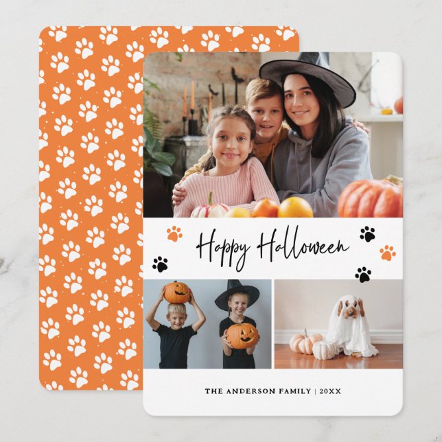 Paw Print Pet Photo Collage Orange Halloween Card (Front/Back)