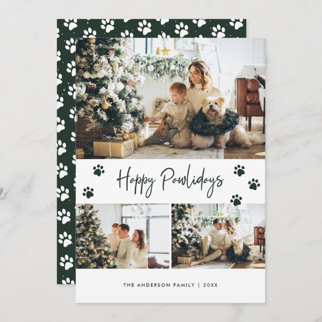 Paw Print Photo Collage Happy Pawlidays Green Pet Holiday Card (Front/Back)