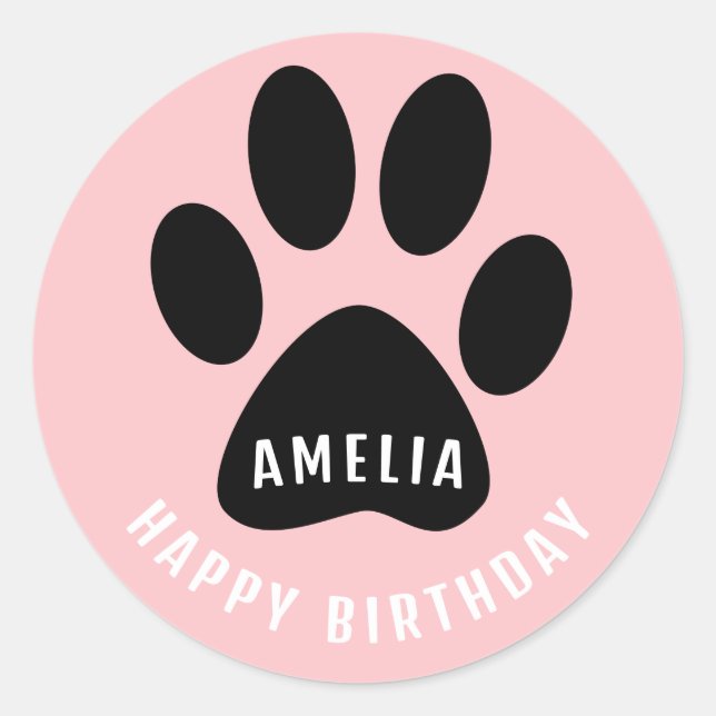 Paw Print Pink Happy Birthday Sticker with Name (Front)