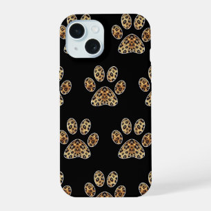 Paw Print with Gold & Black Leopard Sparkle iPhone 15 Case