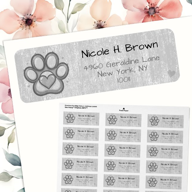 Paw Print with Heart Return Address Labels in Grey (🐾 Elegant labels for pet lovers’ mail! 💌)