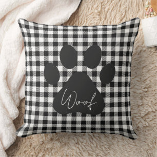 Paw Print WOOF Buffalo Plaid Black White Pet Decor Cushion