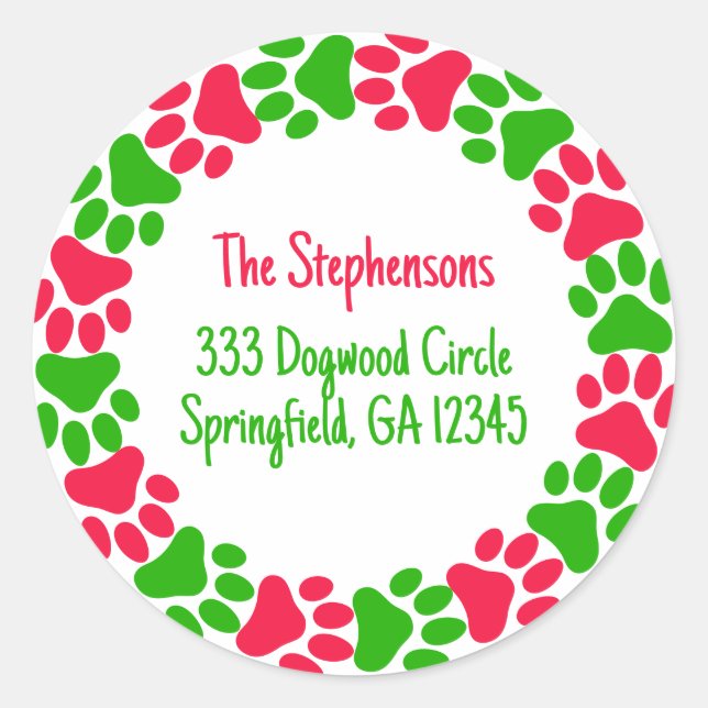 Paw Print Wreath Bright Red and Green Address Classic Round Sticker (Front)