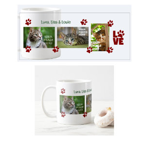 Paw Prints 3 Cats Photos Names Modern Cute New Pet Coffee Mug