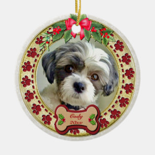 Paw Prints and Gold Frame Custom Pet Photo Ceramic Ornament