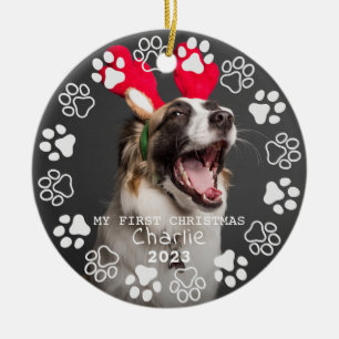 Paw Prints and Hearts Frame Custom Pet Photo Ceramic Ornament