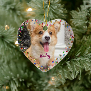 Paw Prints and Hearts Frame Custom Pet Photo Ceramic Ornament