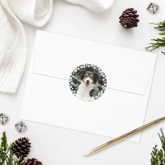 Paw Prints and Hearts Frame Custom Pet Photo Classic Round Sticker (Creator Uploaded)