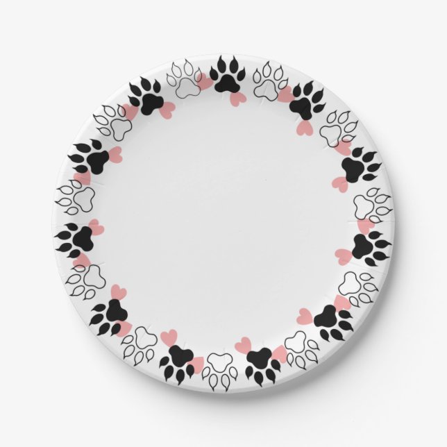 Paw prints and hearts paper plates (Front)