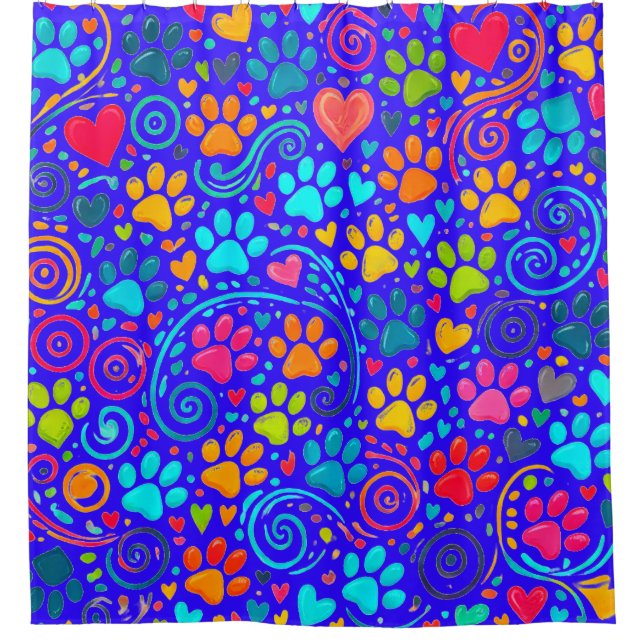 Paw Prints and Hearts Pattern Shower Curtain (Front)
