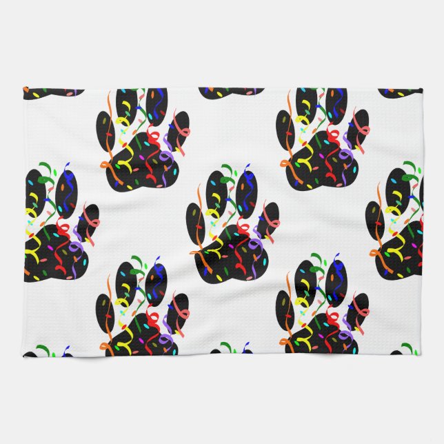 Paw Prints Confetti And Party Streamer Pattern Tea Towel (Horizontal)