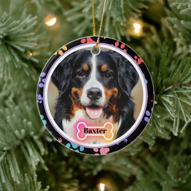 Paw Prints Custom Pet Photo and Name  Ceramic Ornament (Tree)