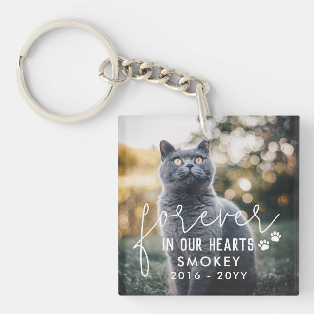 Paw Prints Forever In Our Hearts Cat Photo Key Ring (Front)