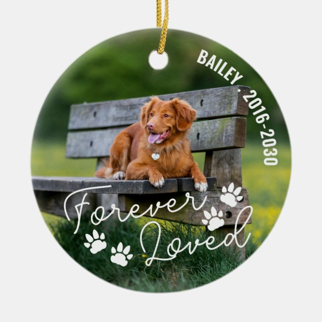 Paw Prints Forever Loved Name Curved Text Ceramic Ornament (Front)