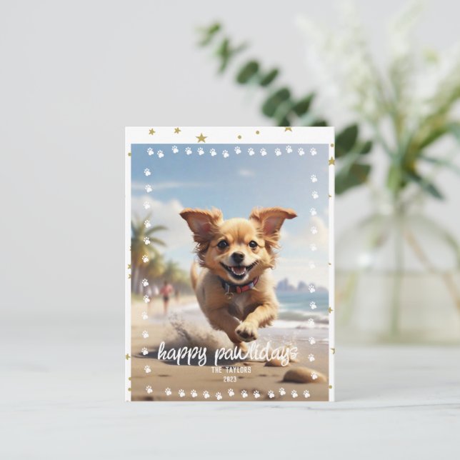 Paw Prints Frame Custom Pet Photo Holiday Postcard (Standing Front)